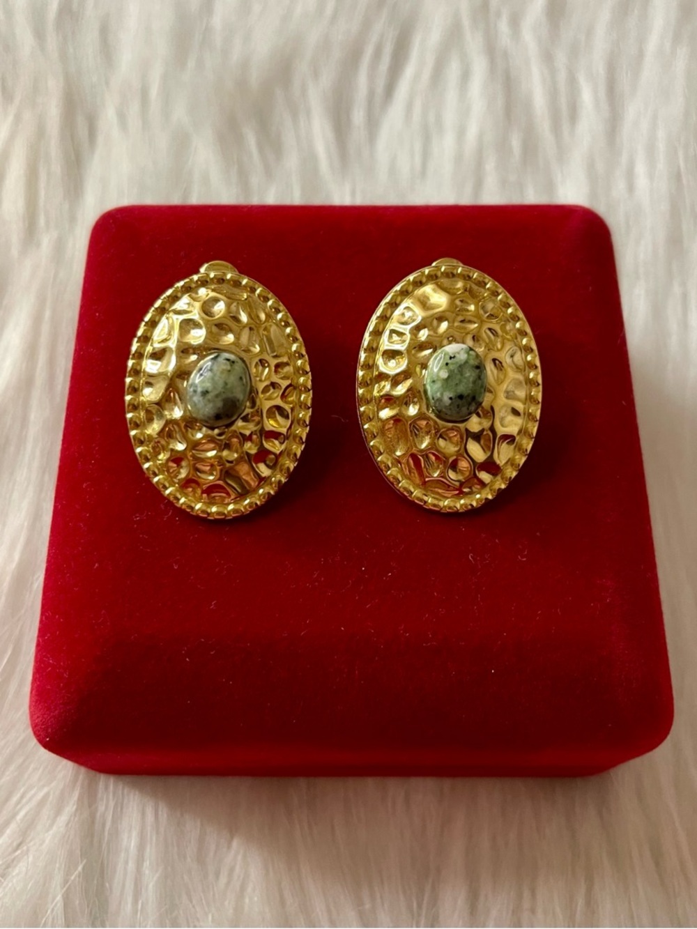 Gold Plated over Stainless Steel textured Oval Earrings with African Jade Stone